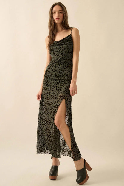 Wild Romance Leopard Mesh Cowl-Neck Maxi Dress