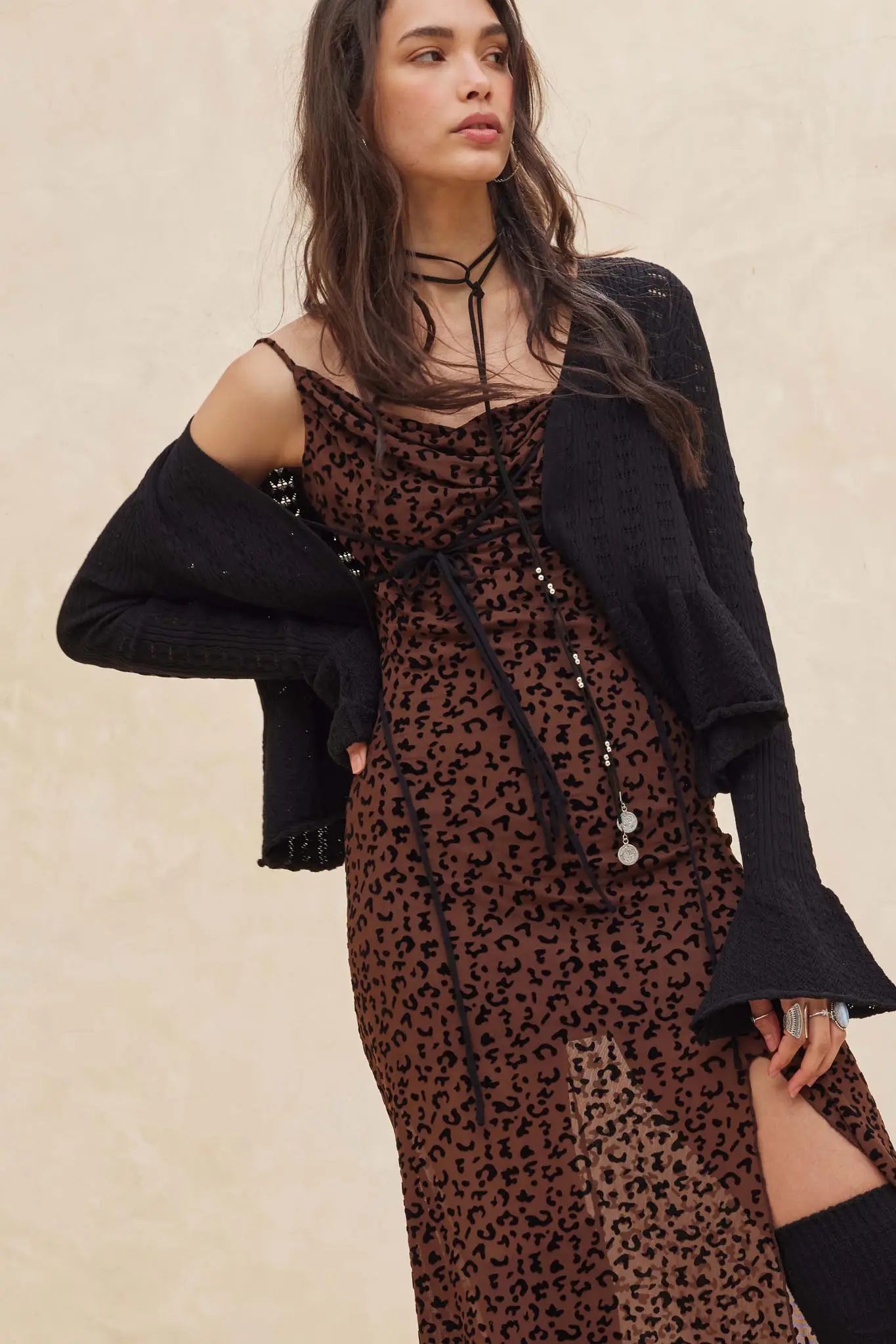 Wild Romance Leopard Mesh Cowl-Neck Maxi Dress