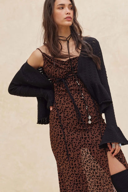 Wild Romance Leopard Mesh Cowl-Neck Maxi Dress
