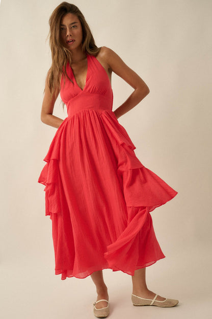 All Aflutter Gauze Tiered Ruffle Halter Maxi Dress