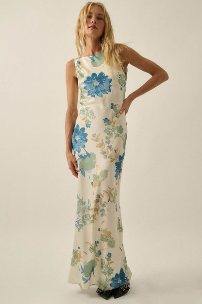 Silky Petals Floral Satin Cowl-Back Maxi Dress