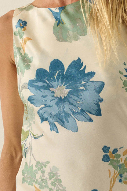 Silky Petals Floral Satin Cowl-Back Maxi Dress