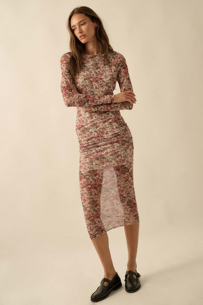 Wine and Roses Floral Mesh Mock-Neck Midi Dress