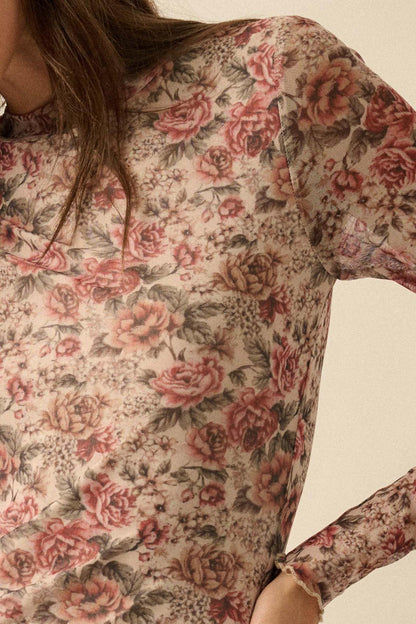 Wine and Roses Floral Mesh Mock-Neck Midi Dress