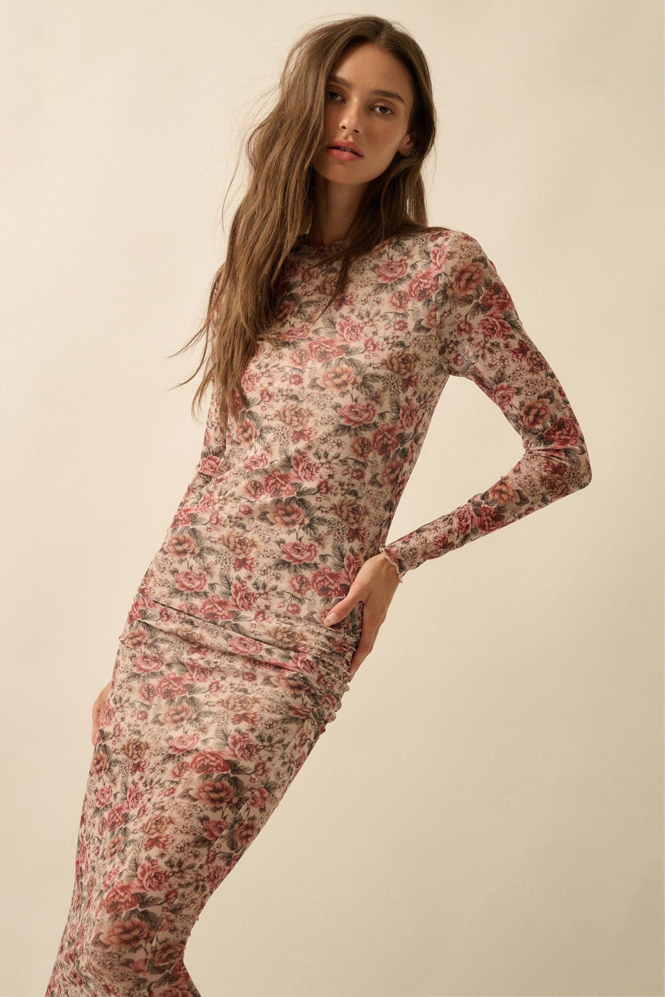 Wine and Roses Floral Mesh Mock-Neck Midi Dress