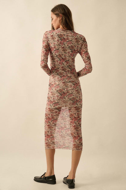 Wine and Roses Floral Mesh Mock-Neck Midi Dress