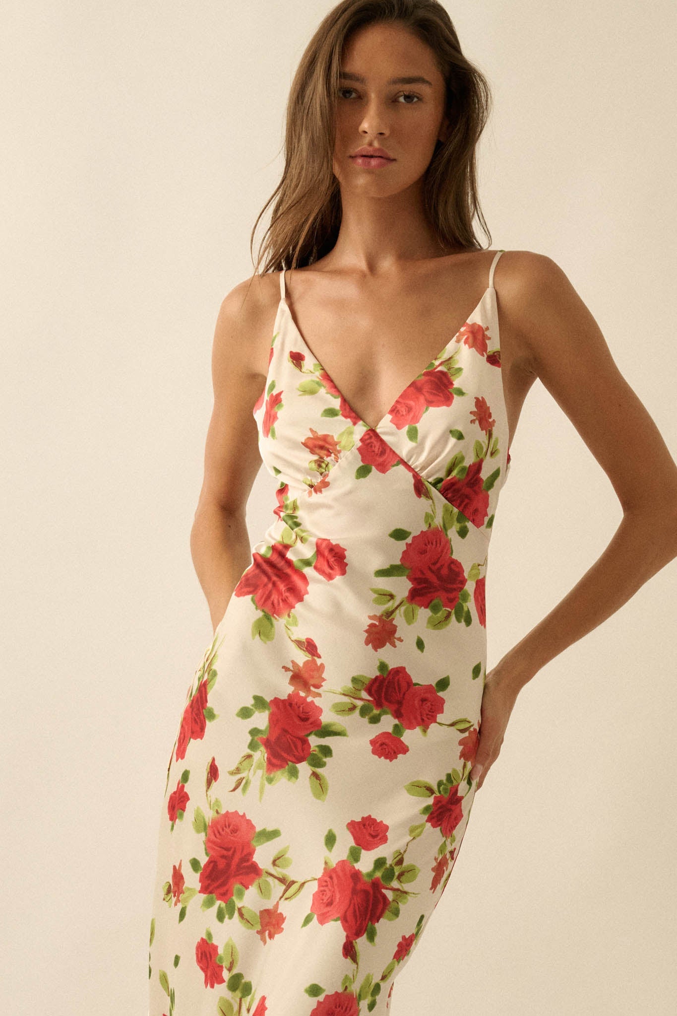 Sweetest Rose Floral-Print Satin Maxi Slip Dress