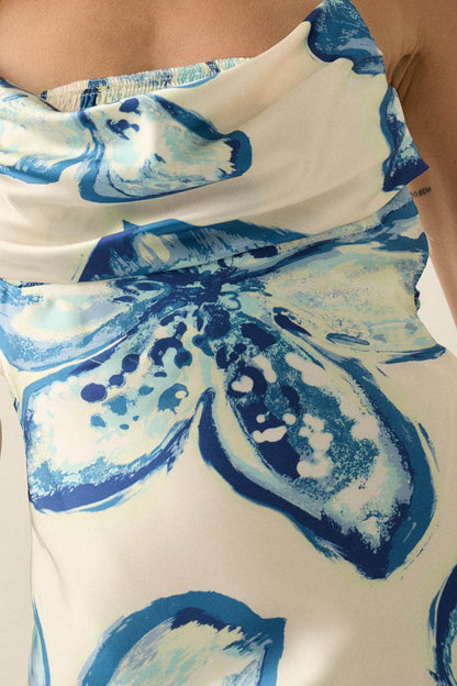 Royal Garden Floral Satin Cowl-Neck Maxi Dress