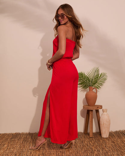 Coasting By Strapless Waist Tie Jumpsuit