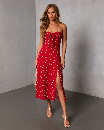 Eirah Strapless Cut Out Polka Dot Midi Dress