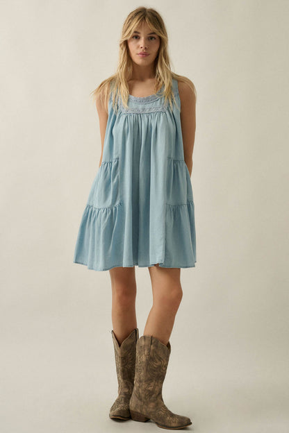Wind Catcher Lace-Trim Denim Tiered Babydoll Romper
