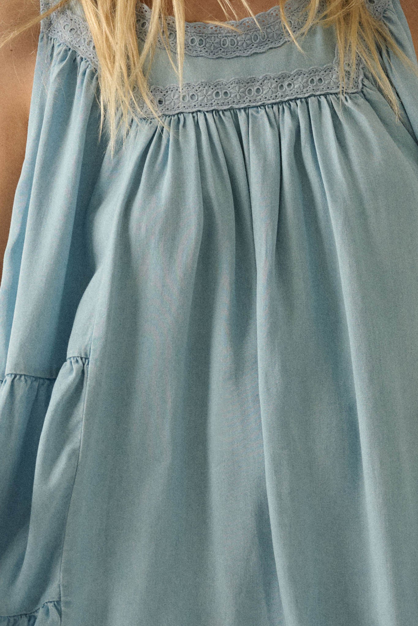 Wind Catcher Lace-Trim Denim Tiered Babydoll Romper