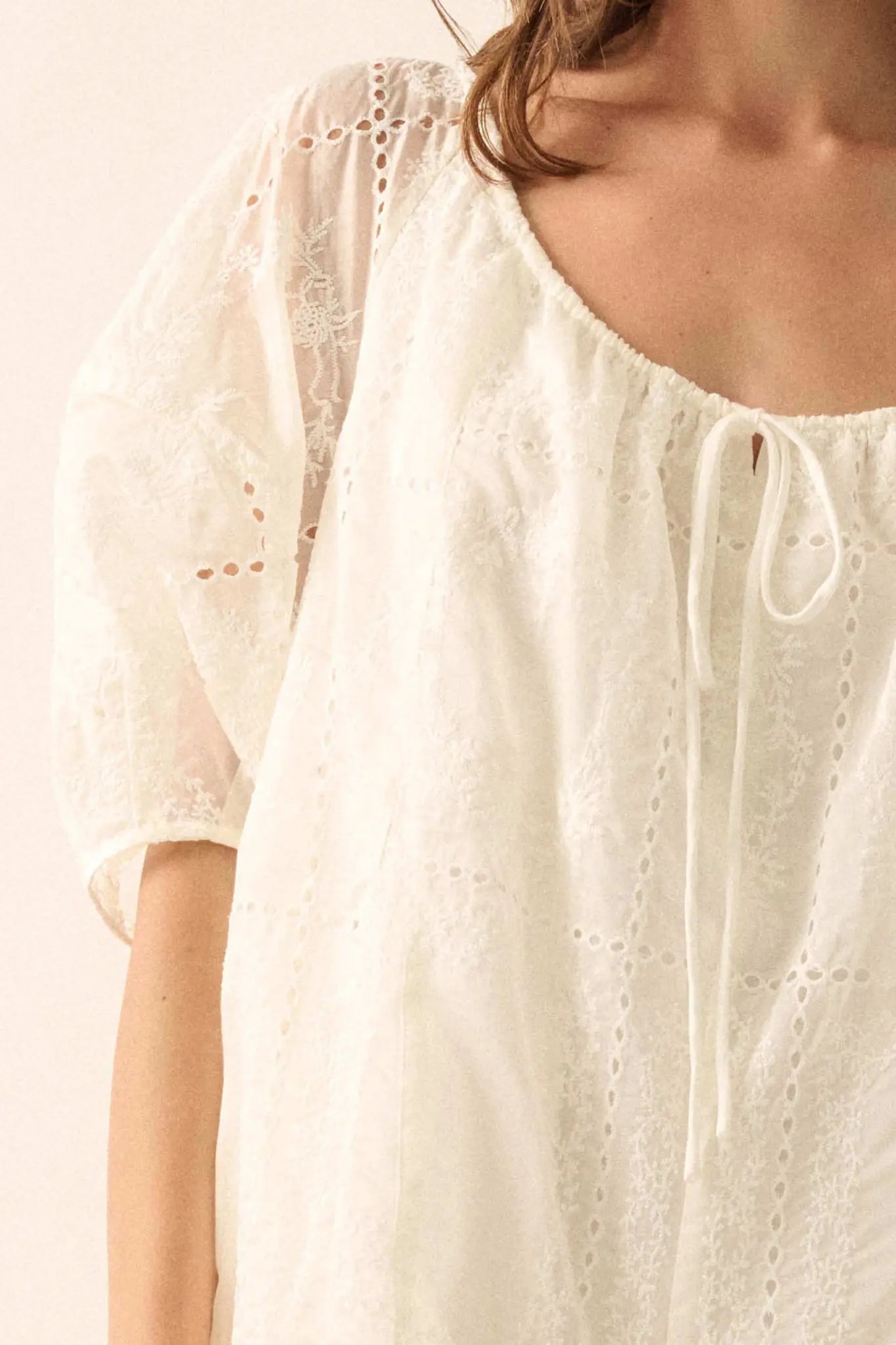So Pure Eyelet Lace Puff-Sleeve Babydoll Romper
