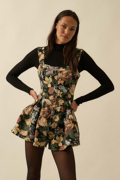 Stitched Garden Floral Tapestry Ruffle Romper Dress