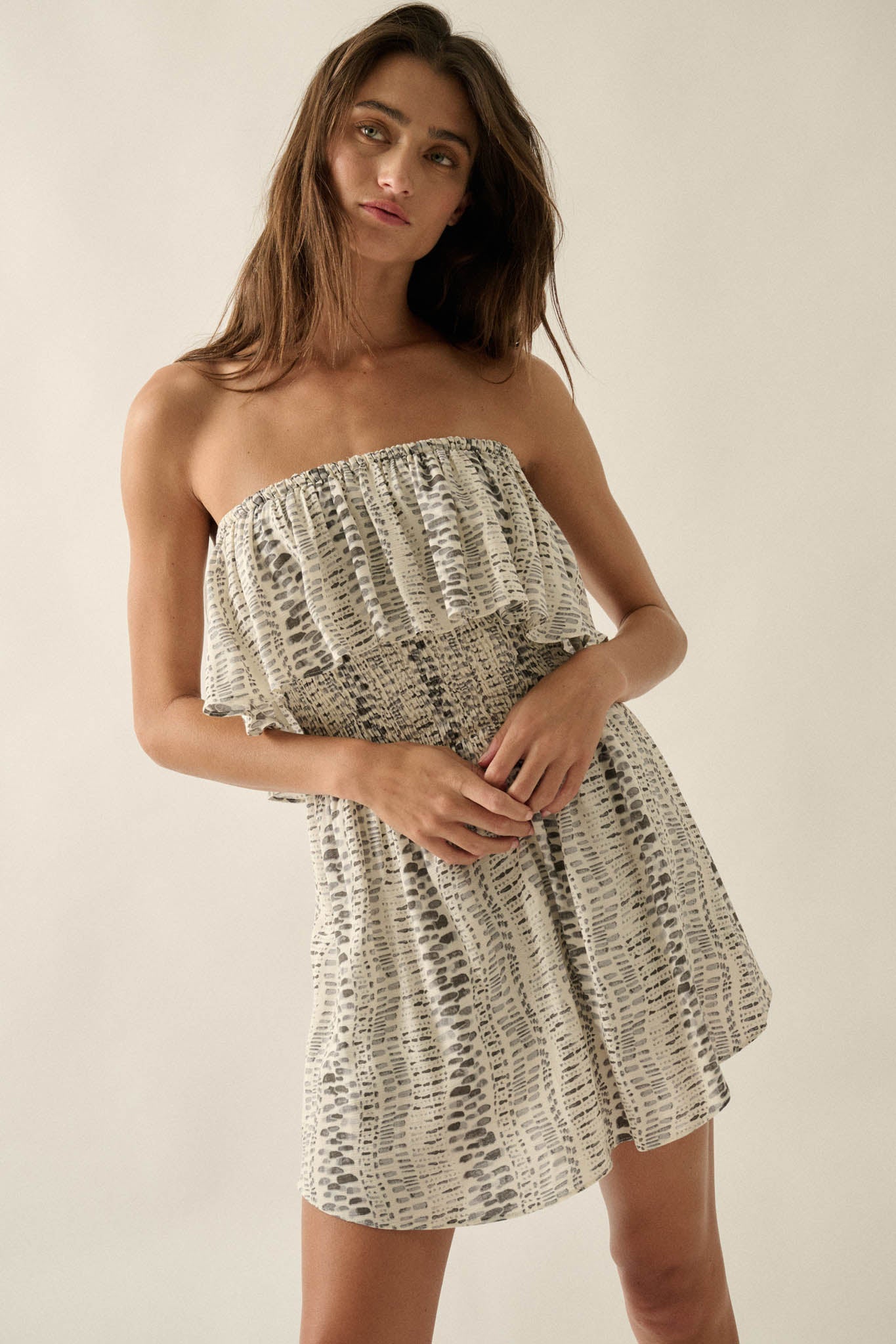 Wander Wild Abstract-Print Strapless Flounce Romper