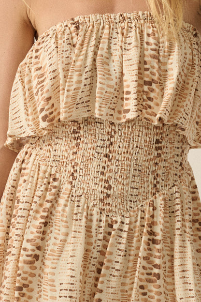 Wander Wild Abstract-Print Strapless Flounce Romper