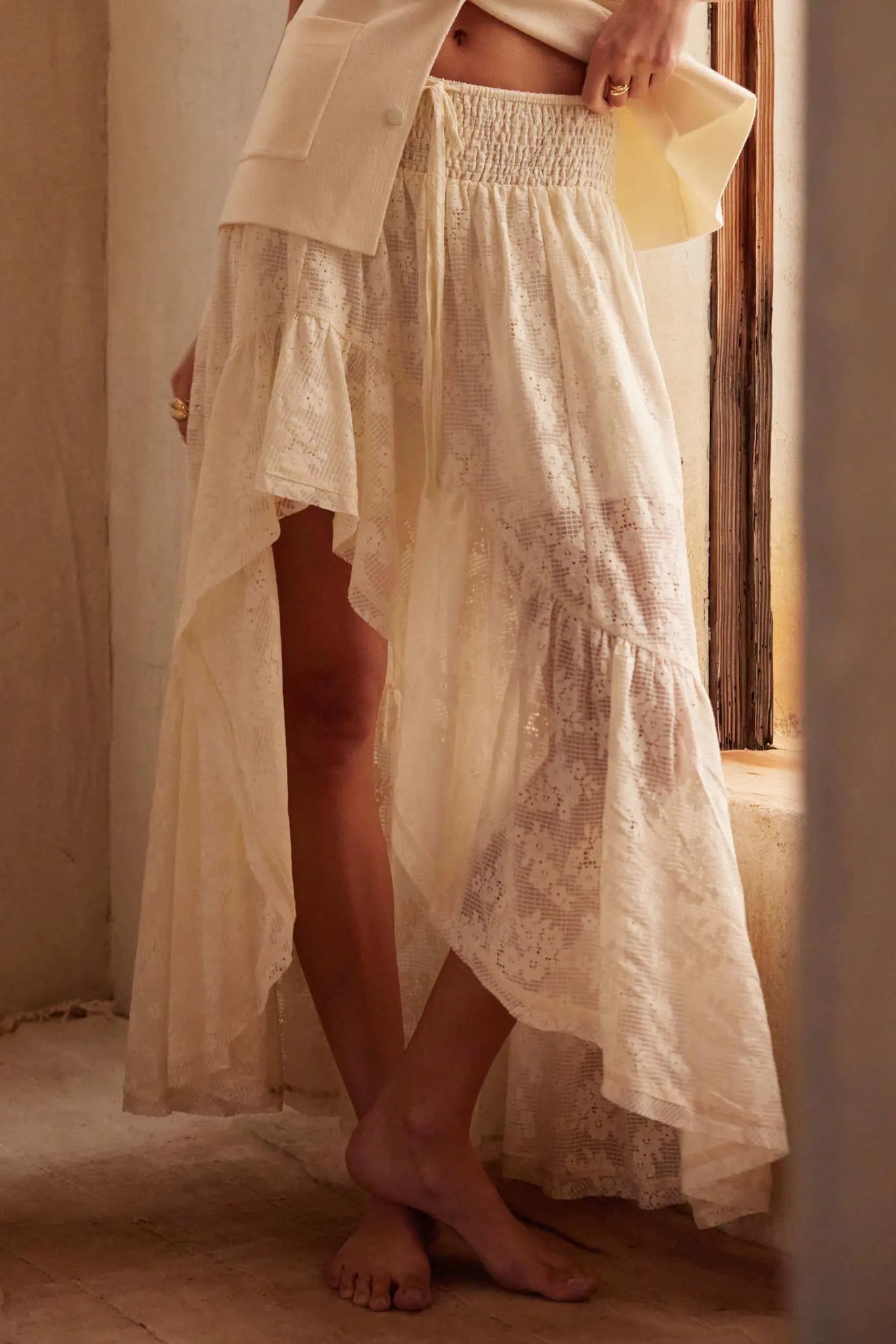 Pure Air Floral Lace Asymmetrical Ruffle Maxi Skirt