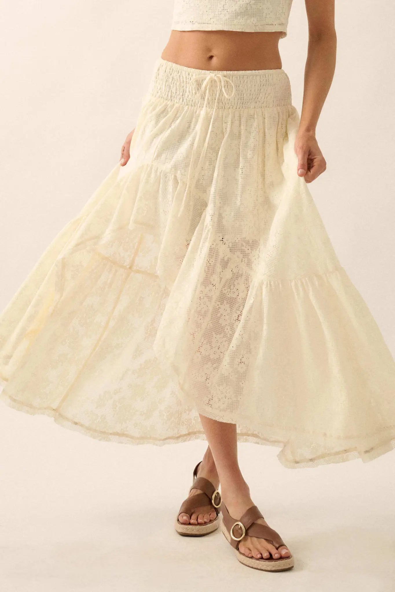 Pure Air Floral Lace Asymmetrical Ruffle Maxi Skirt