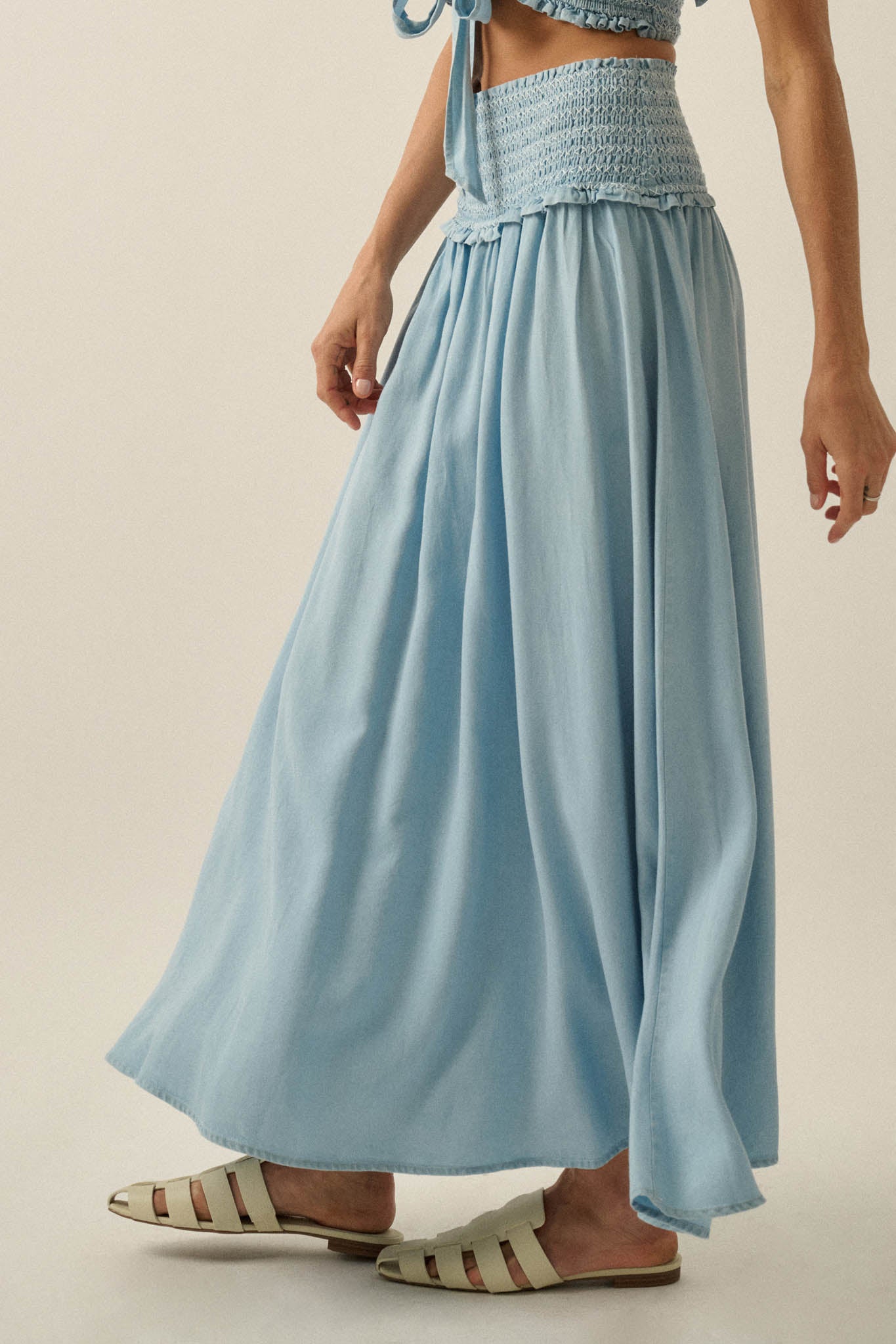 Forever Blue Denim Drop-Waist Smocked Maxi Skirt