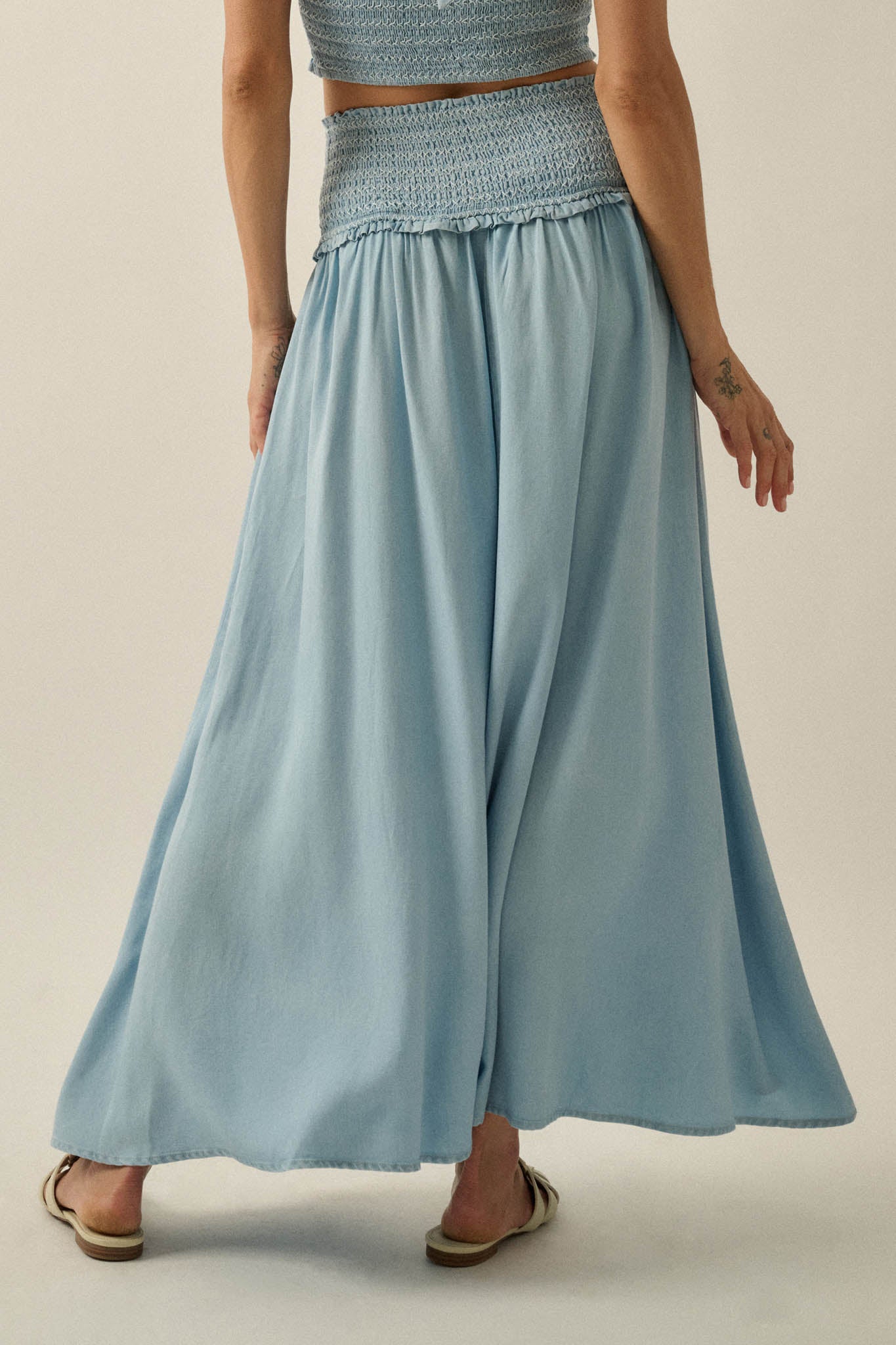 Forever Blue Denim Drop-Waist Smocked Maxi Skirt