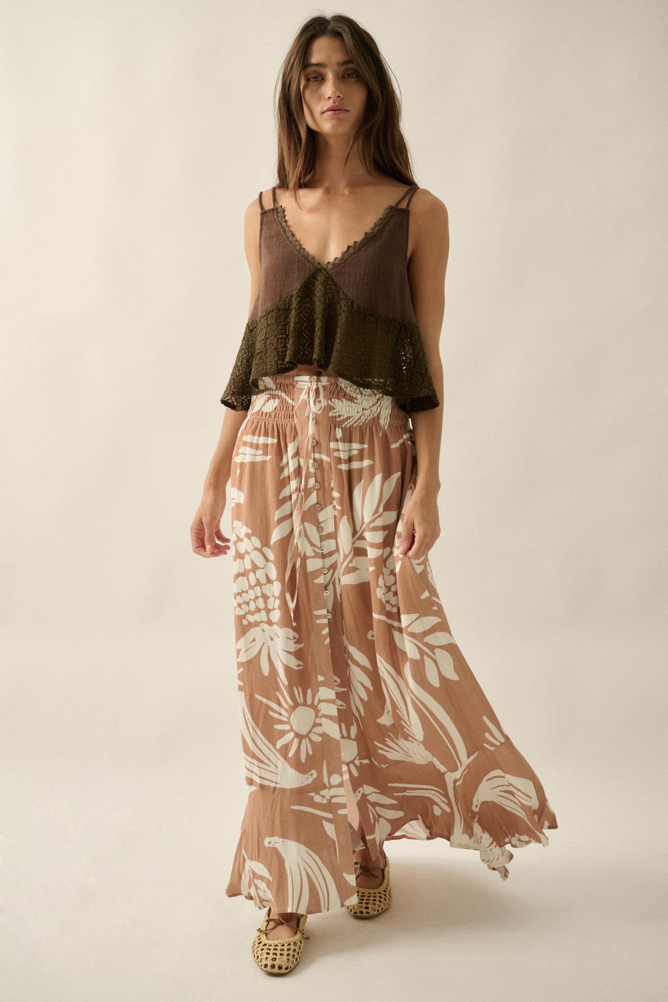 Hawaiian Holiday Tropical-Print Button Maxi Skirt