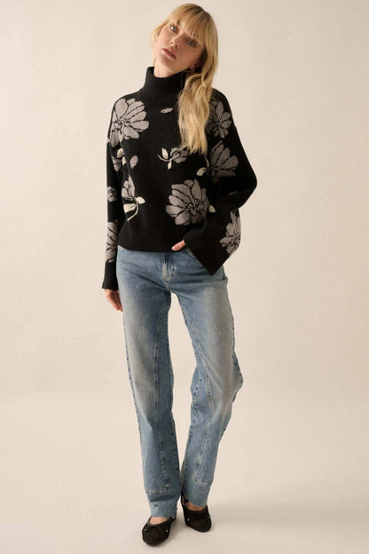 Winter Bouquet Mock-Neck Floral Jacquard Sweater