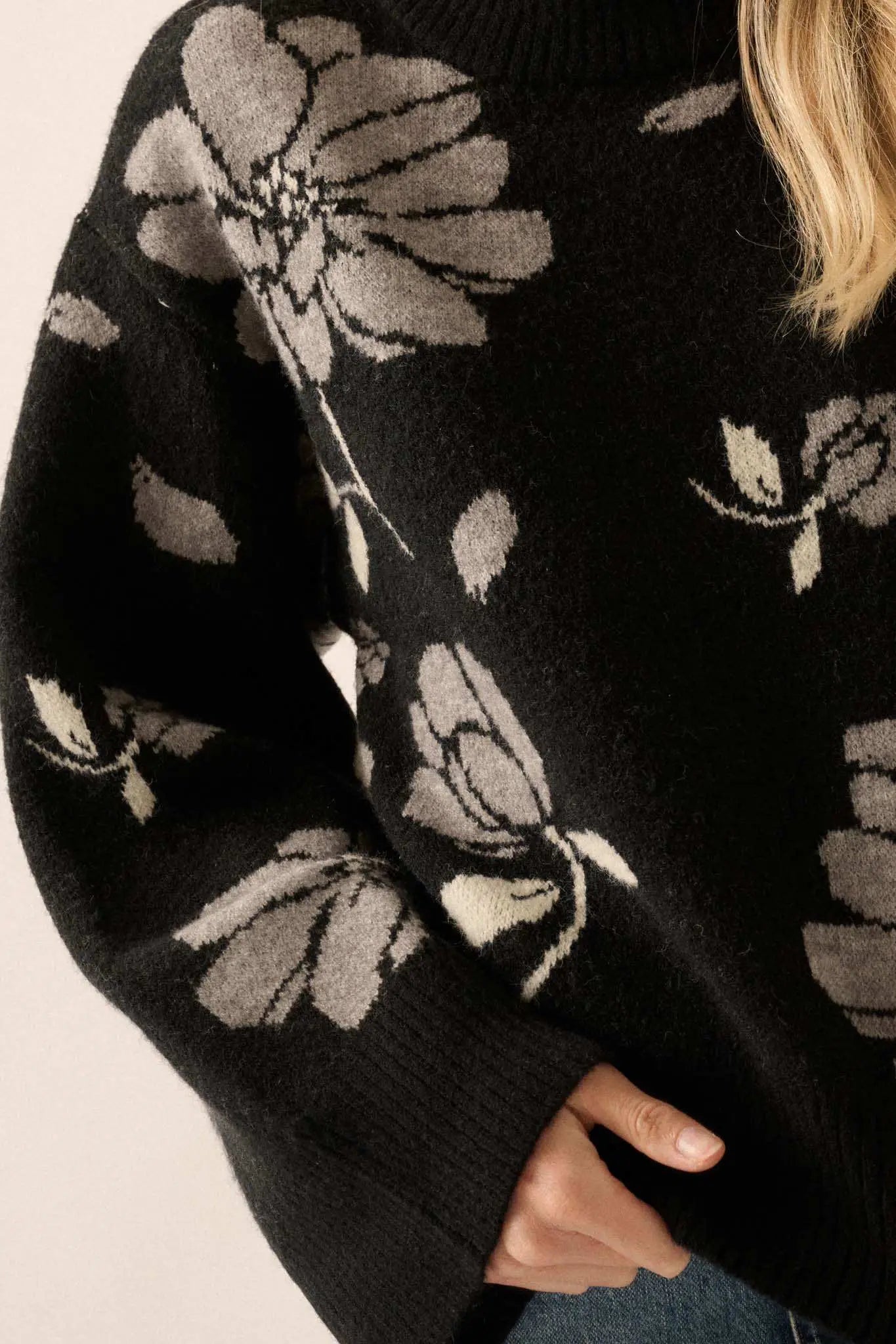Winter Bouquet Mock-Neck Floral Jacquard Sweater