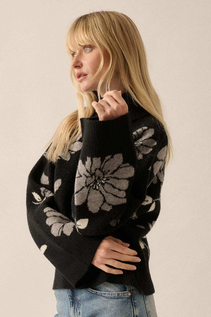 Winter Bouquet Mock-Neck Floral Jacquard Sweater