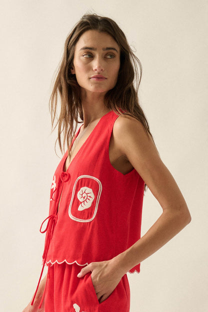 Sunny Sands Tropical-Embroidered Tie-Front Vest