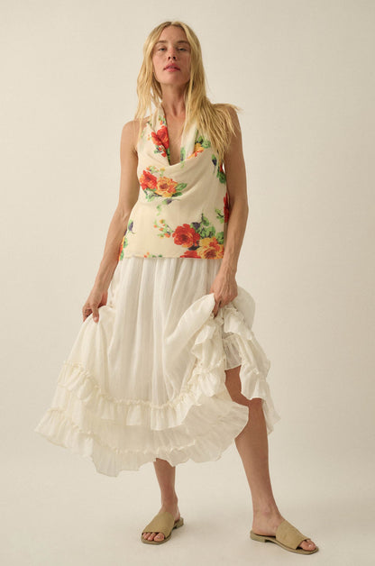 Magical Blooms Floral Chiffon Cowl-Neck Halter Top