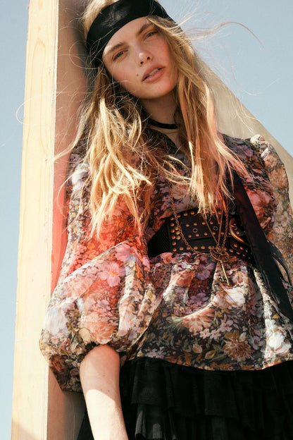 Harvest Blossoms Floral Organza Peplum Peasant Top