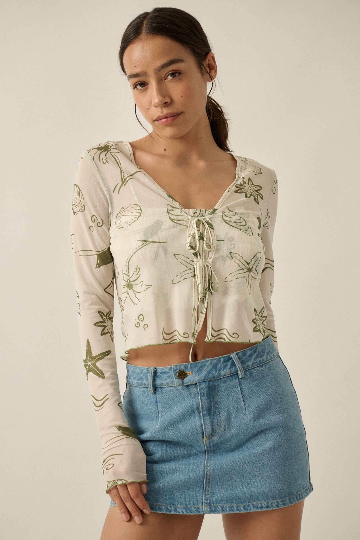 Wait and Sea Nautical Mesh Mock-Neck Thumbhole Top