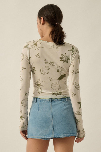 Wait and Sea Nautical Mesh Mock-Neck Thumbhole Top