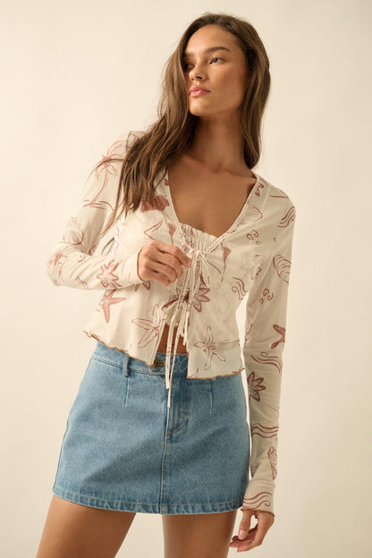 Wait and Sea Nautical Mesh Mock-Neck Thumbhole Top
