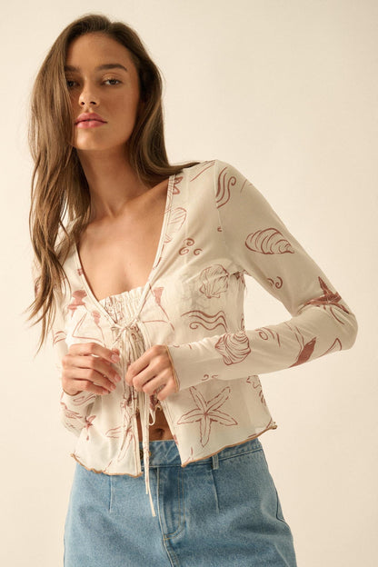 Wait and Sea Nautical Mesh Mock-Neck Thumbhole Top