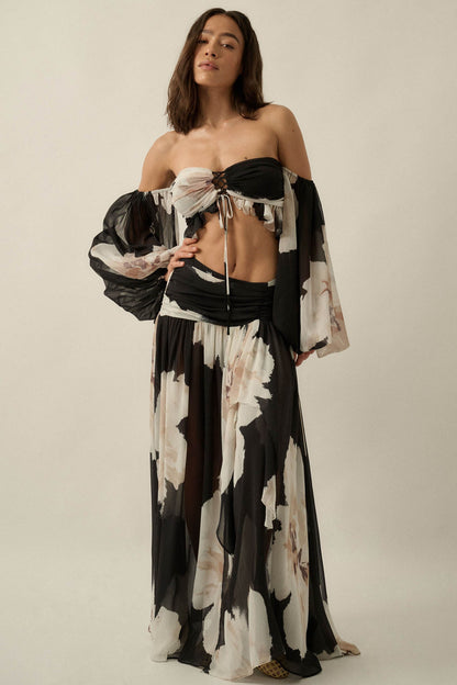 Peony Dream Floral Chiffon Long-Sleeve Bandeau Top