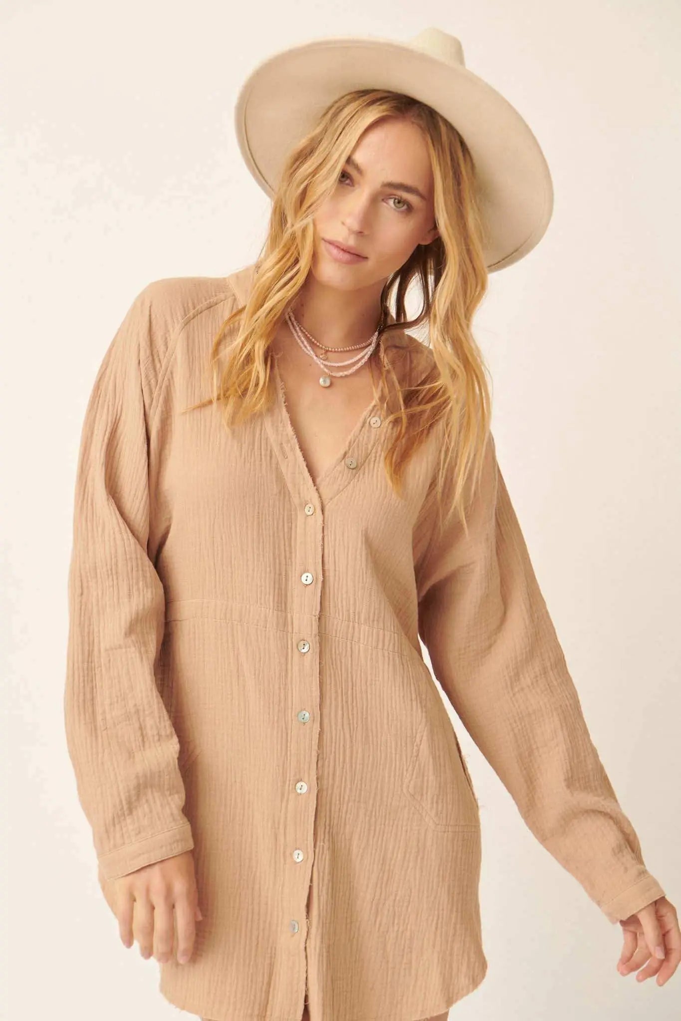 Sunday Vibes Crinkle Cotton Mini Shirt Dress