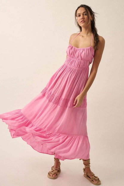 Tier to Stay Tiered Tie-Back Halter Maxi Dress