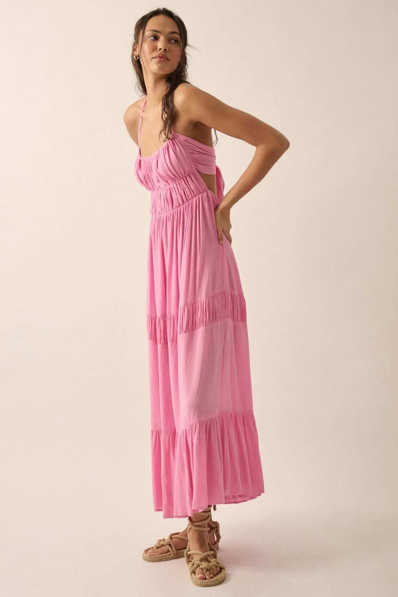Tier to Stay Tiered Tie-Back Halter Maxi Dress