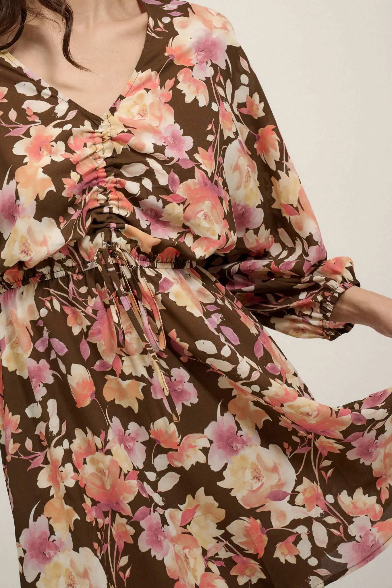 Sunset Garden Floral Ruched Drawstring Mini Dress