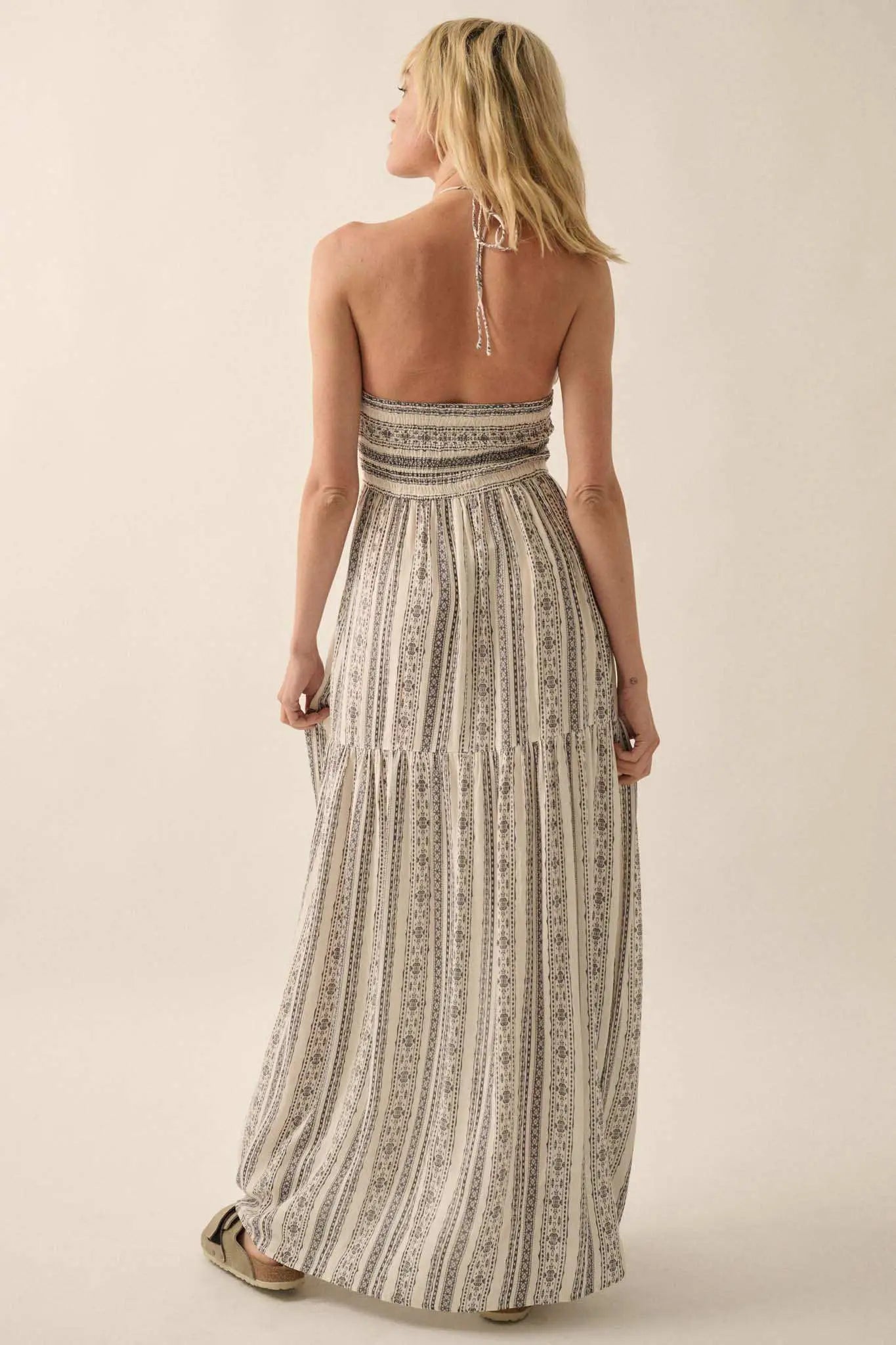 Traveling Soul Geo-Print Striped Halter Maxi Dress
