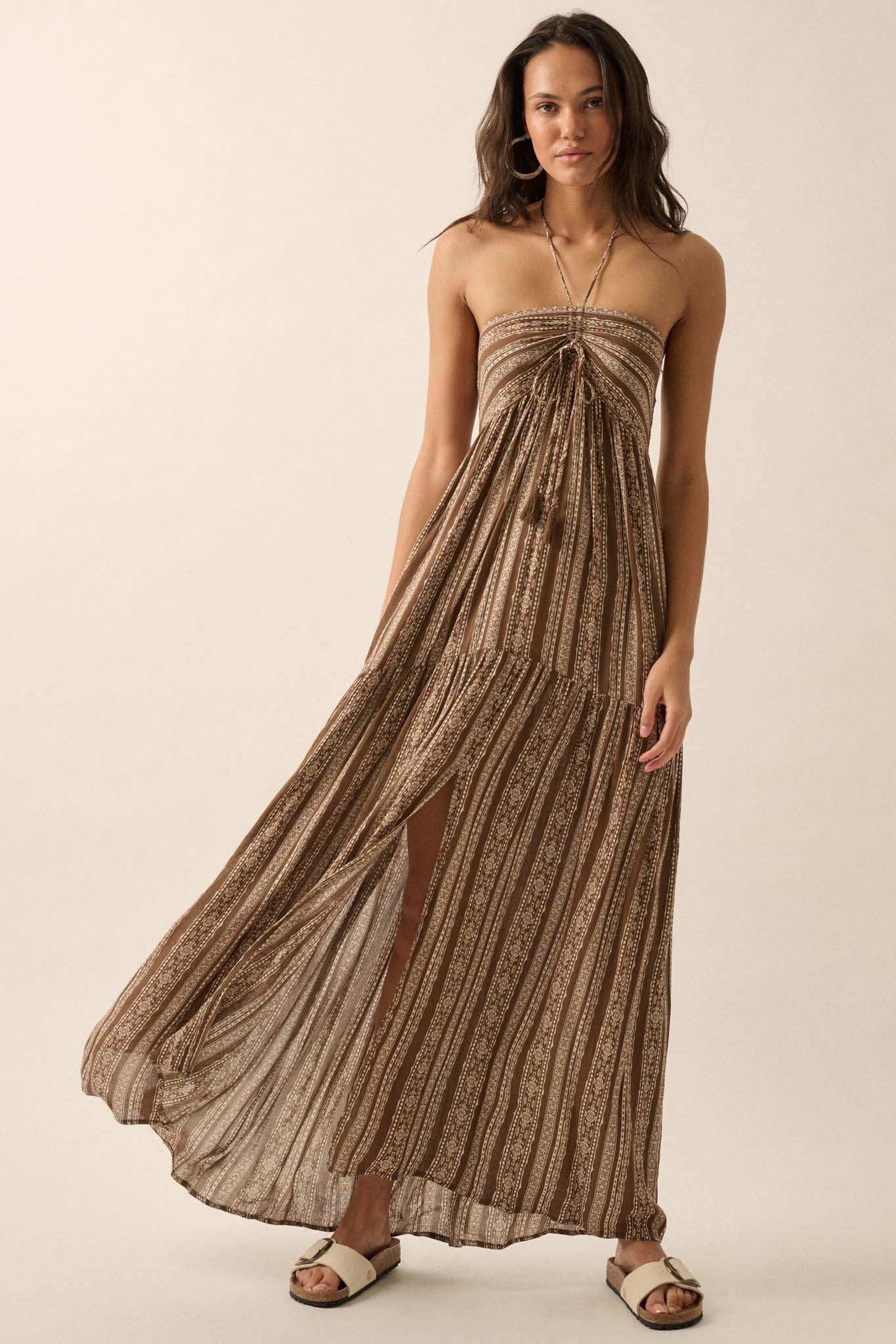 Traveling Soul Geo-Print Striped Halter Maxi Dress