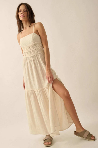 Laced Out Crochet-Trim Crinkle Cotton Maxi Dress