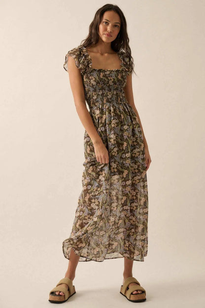 Timeless Grace Smocked Floral Chiffon Maxi Dress