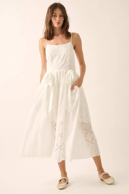 Sunday Girl Eyelet Lace Bow-Detail Midi Dress