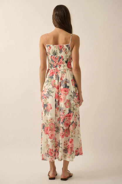 Blooming Valley Floral Mesh Smocked Maxi Dress