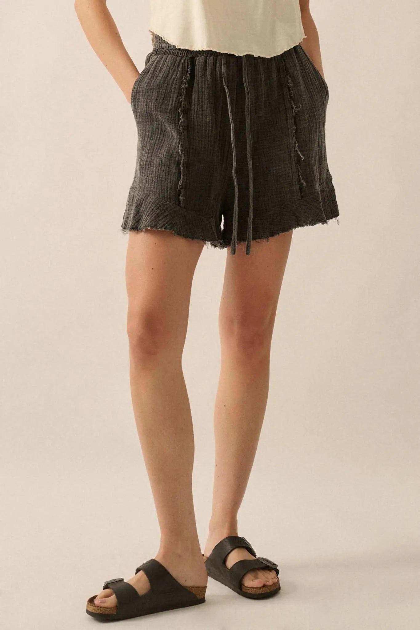 Ruffle and Ready Crinkle Cotton Raw-Edge Shorts