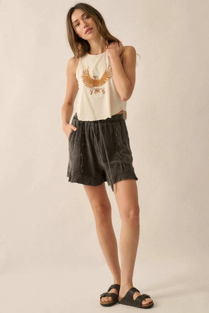 Ruffle and Ready Crinkle Cotton Raw-Edge Shorts