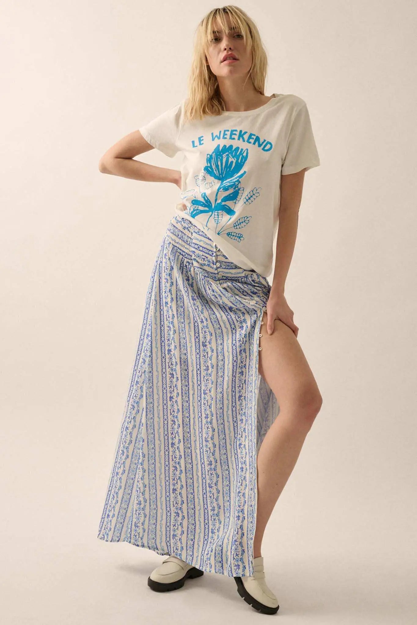 Wildflower Field Floral-Stripe Buttoned Maxi Skirt