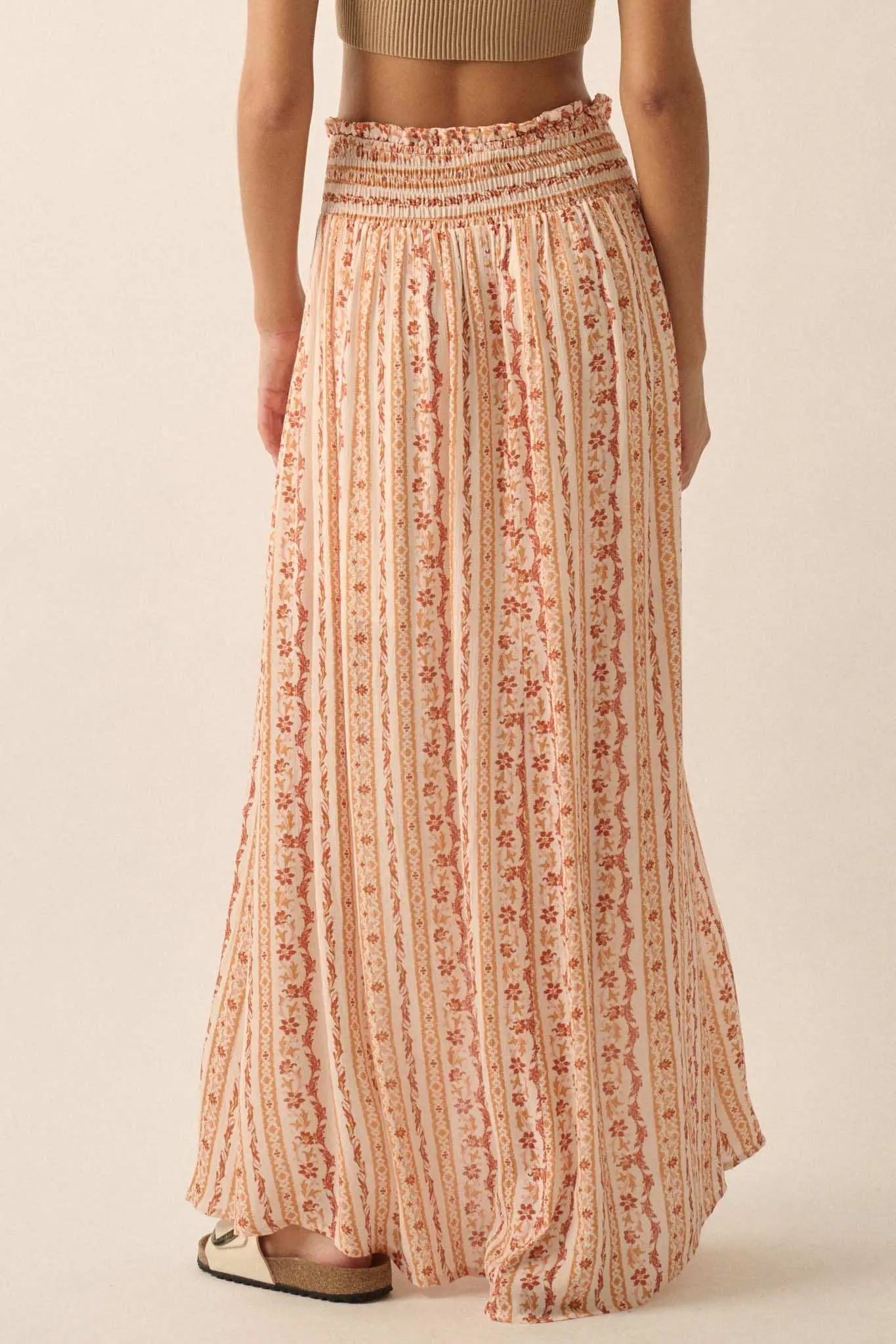 Wildflower Field Floral-Stripe Buttoned Maxi Skirt